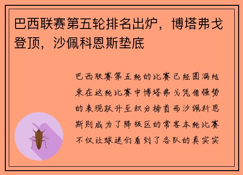 巴西联赛第五轮排名出炉，博塔弗戈登顶，沙佩科恩斯垫底